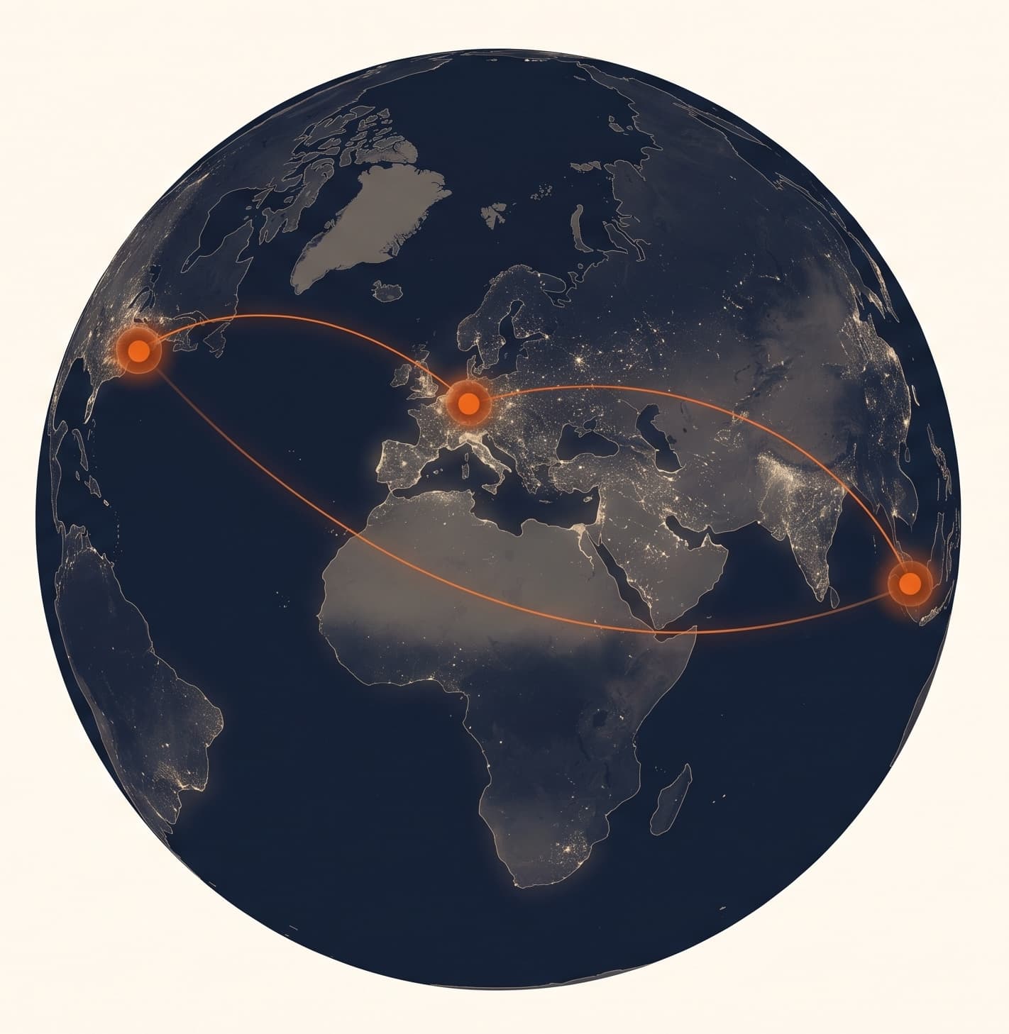 Dark globe at night with three glowing orange nodes at North Virginia, Frankfurt, and Singapore connected by arcs